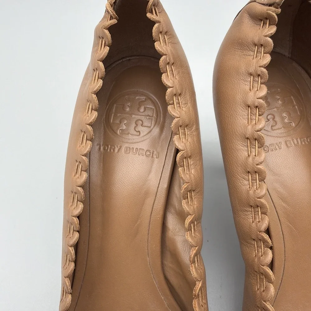 Tory Burch Romy Patent Leather Cap Toe Bow Pumps Heels Womens 8M Tan